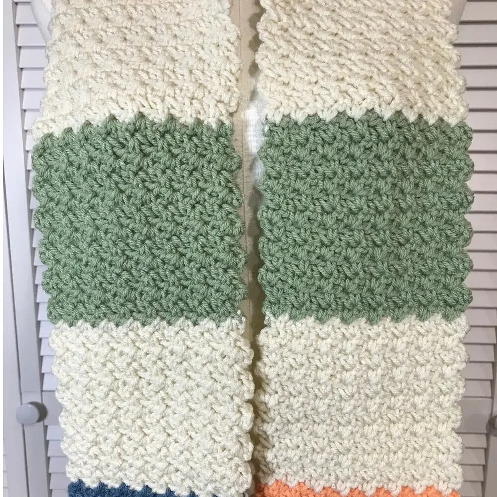 NWT Handmade Crochet Textured Winter Beige Striped Scarf 66” & Beanie